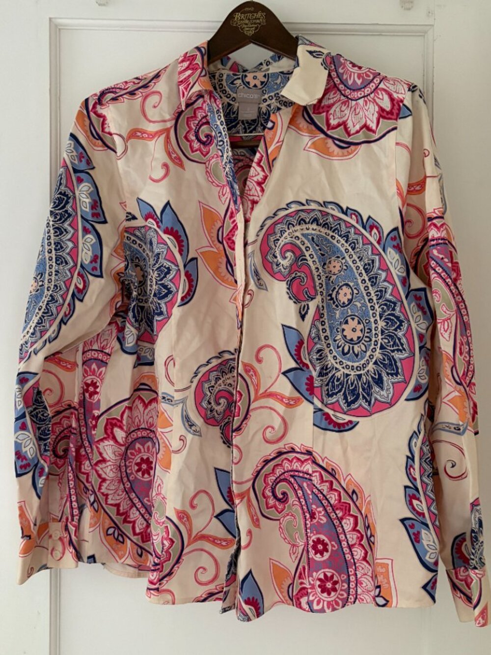 Chico's No-Iron Paisley Sateen Button-Up Shirt Size 12-14 Chico's size 2 - Picture 2 of 8